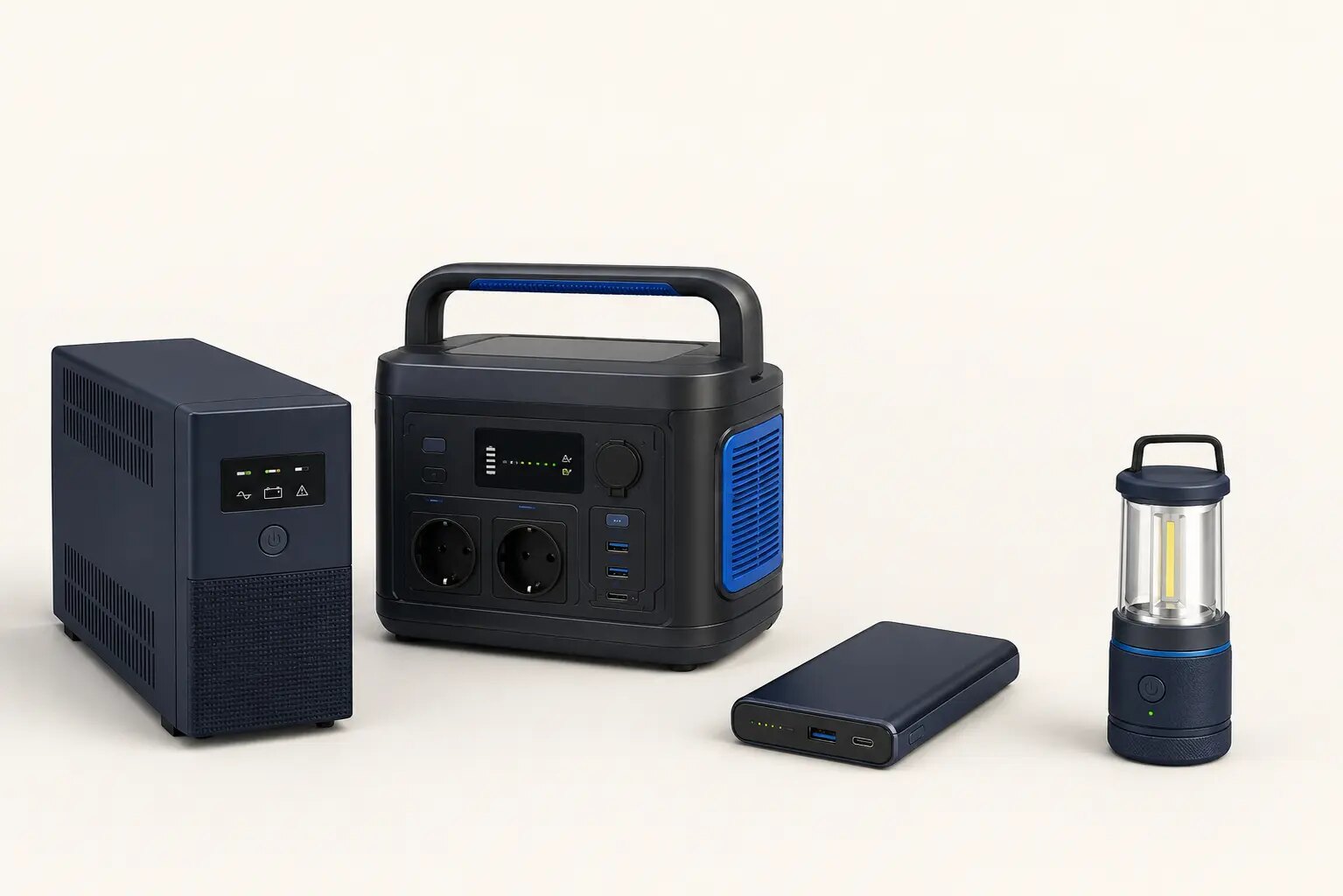 UPS, taşınabilir enerji istasyonu, yedek akü, powerbank ve acil durum feneri örnekleri