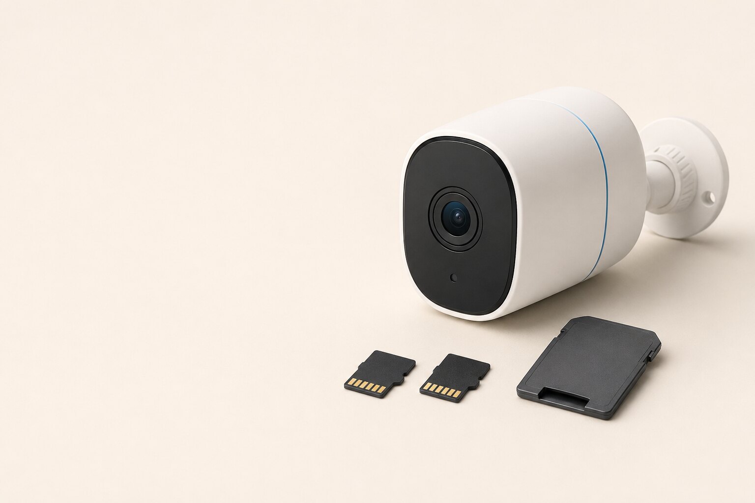 PoE ağ switch'i seçimi için markasız dış ortam güvenlik kamerası, iki microsd kart ve sd adaptörden oluşan temsili yerel kayıt görseli gösteren temsili kategori görseli