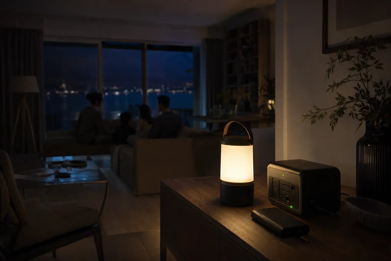 Elektrik kesintisinde evde güvenli aydınlatma ve yedek güç hazırlığını temsil eden gece sahnesi
