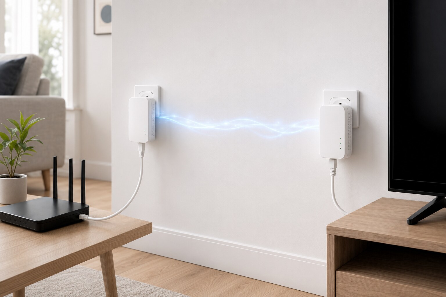 İki markasız powerline adaptörü, Ethernet kablosu, yönlendirici ve ağ bağlantılı televizyon örnekleri