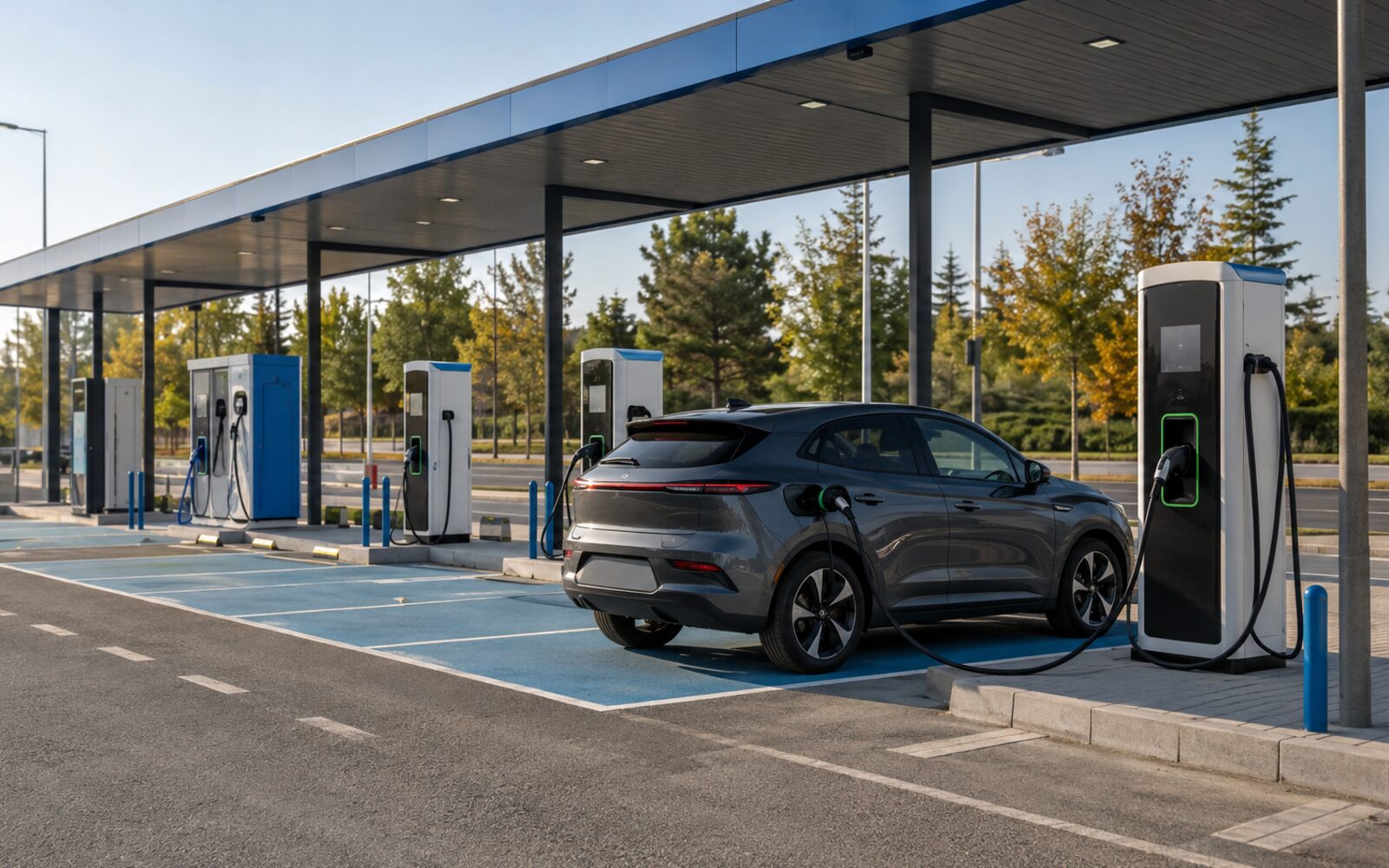 Bir aracın şarj olduğu, boş soketleri görünen halka açık elektrikli araç şarj istasyonu