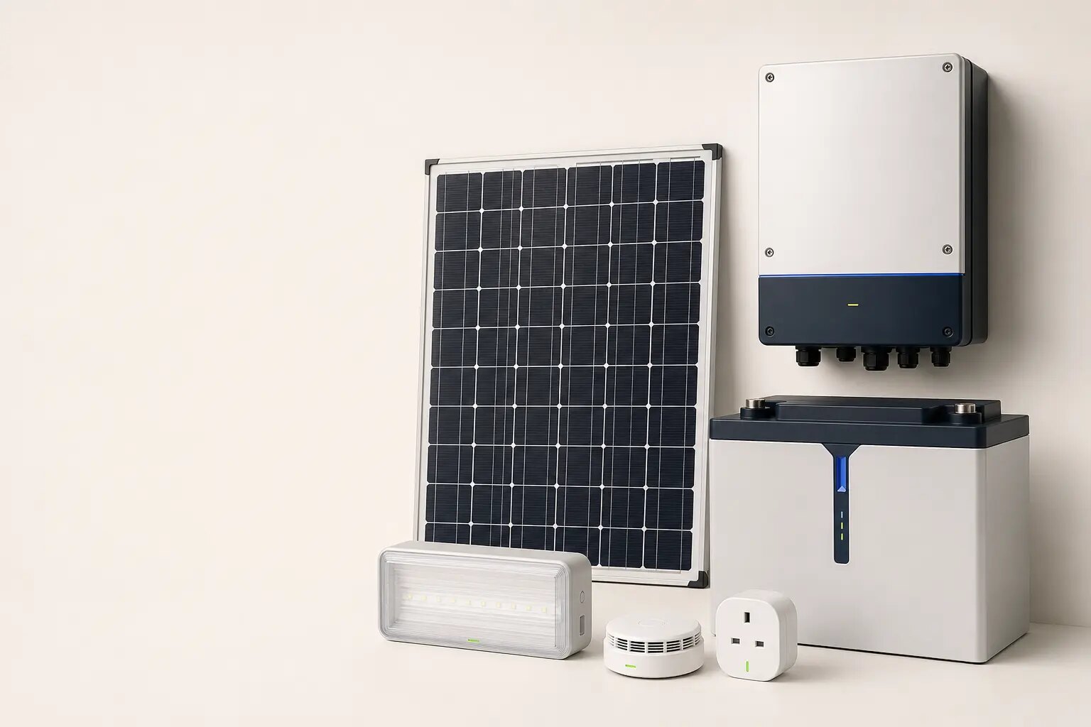 Güneş paneli, inverter, enerji izleme, aydınlatma ve güvenlik ekipmanı örnekleri