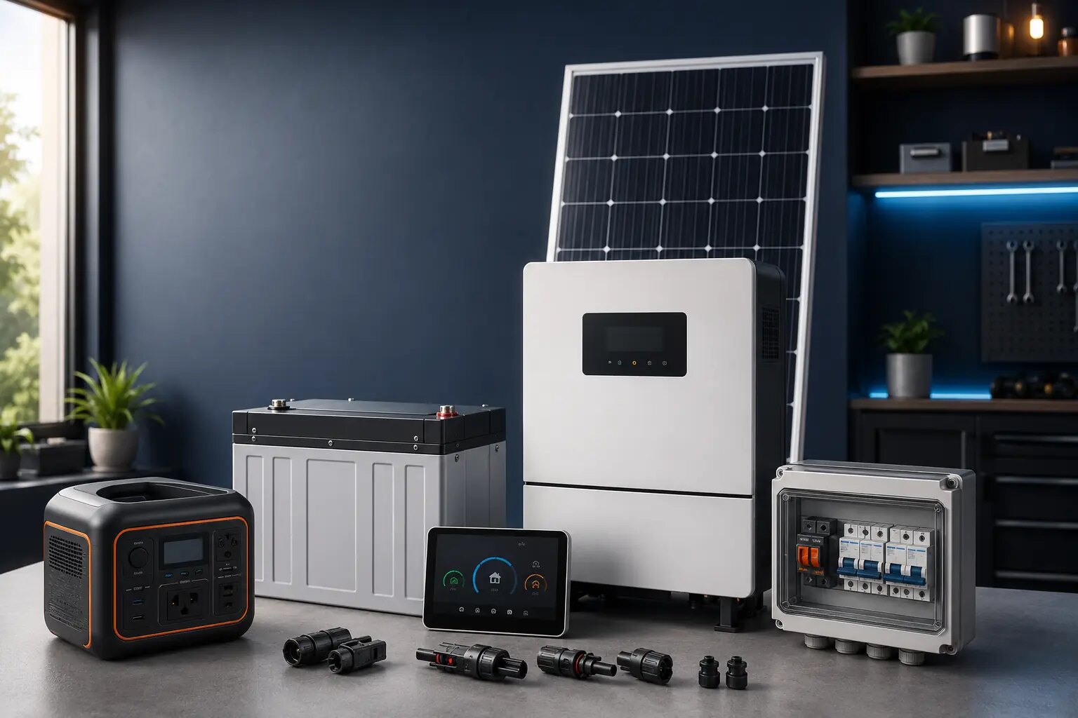 Solar panel, LiFePO4 enerji depolama bataryası, inverter, güç istasyonu ve DC koruma bileşenleri